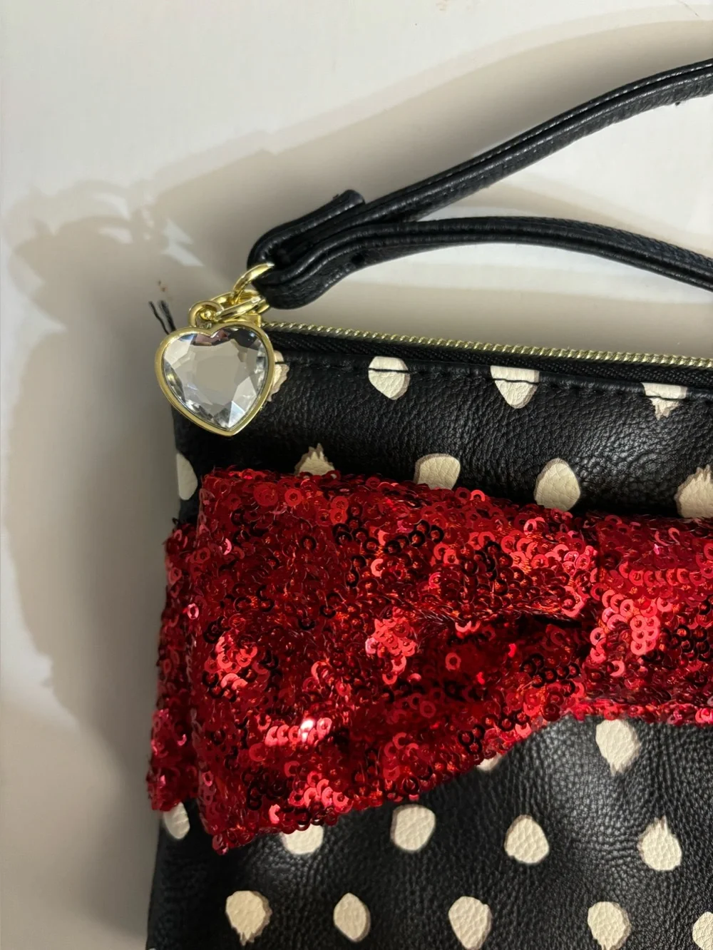 Betsey Johnson Black and White Polka Dot Wristlet with Red Sequined Bow NWOT